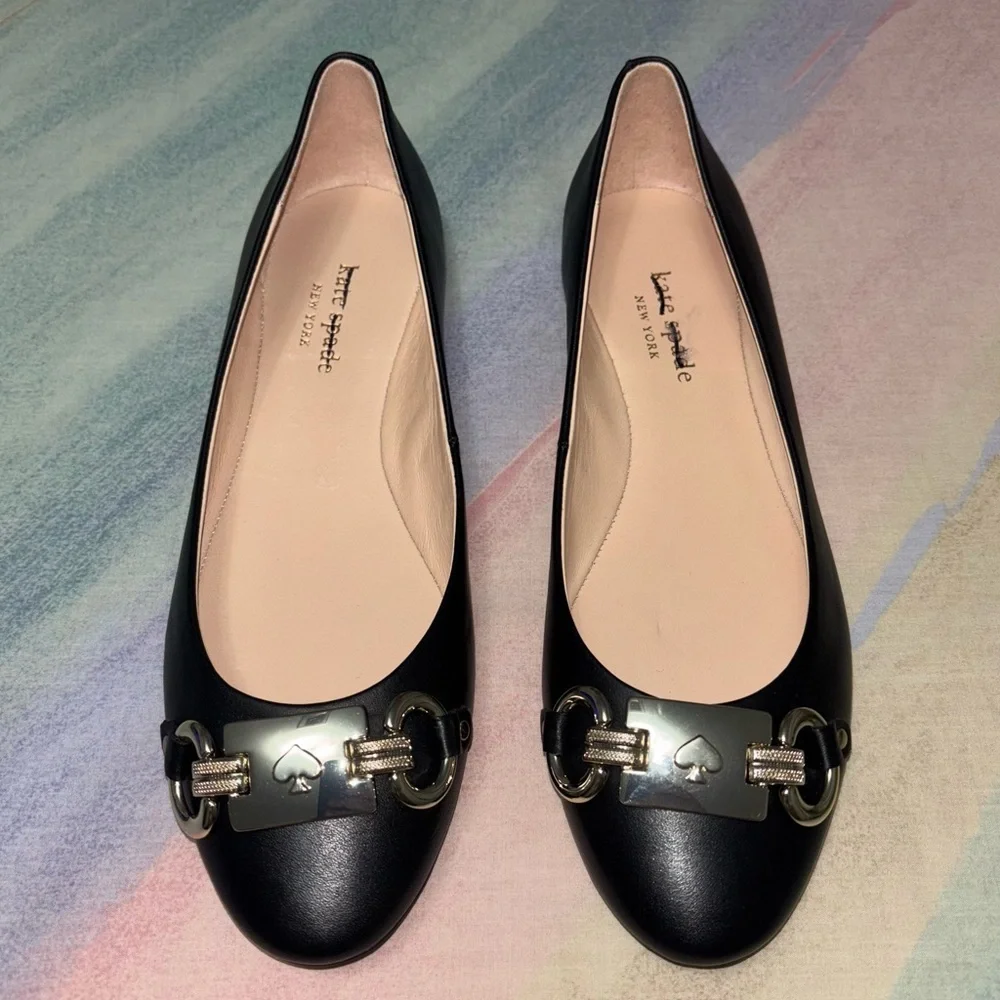 Kate Spade Payton Leather Black and Silver Slip on Flats size 7 B